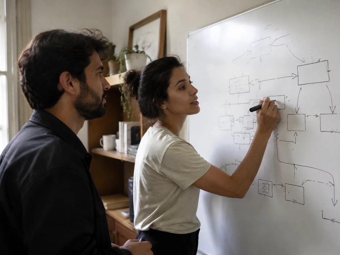 Dois alunos em pé diante do quadro branco, desenhando a ordem de um argumento